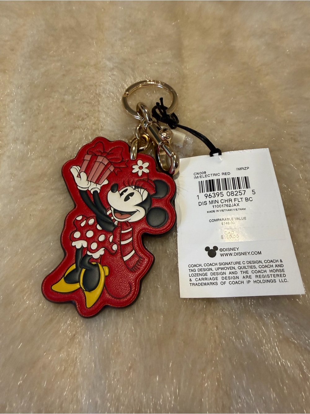 Coach Red Minnie Mouse Leather Charm Keyring with Gold Hardware